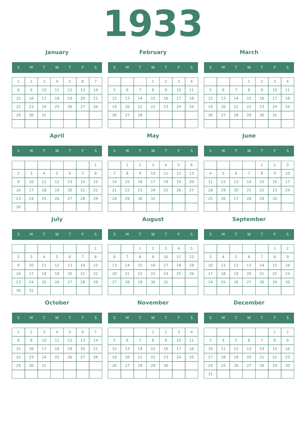 Printable 1933 Year Calendars viridian