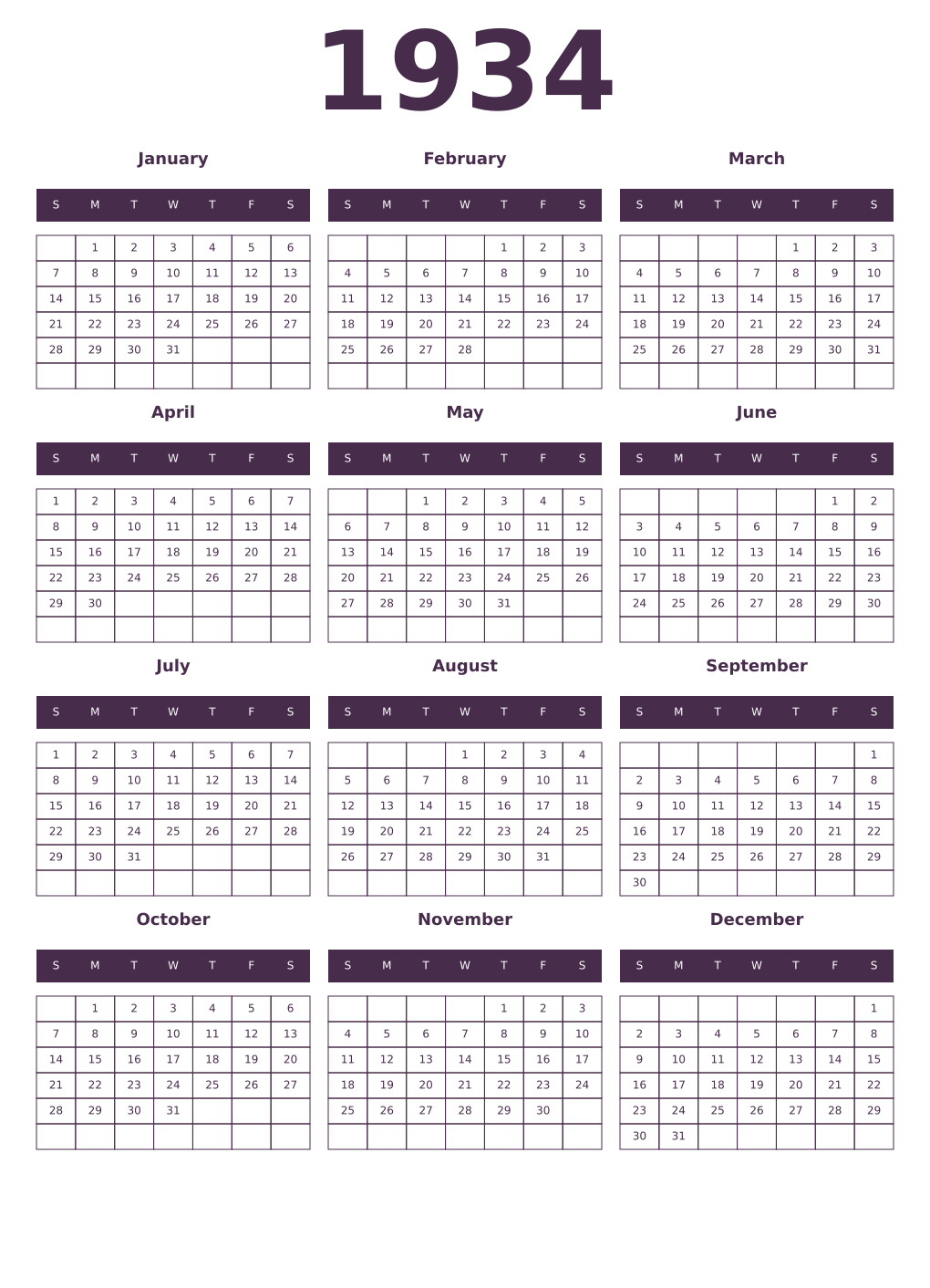 Printable 1934 Year Calendars aubergine