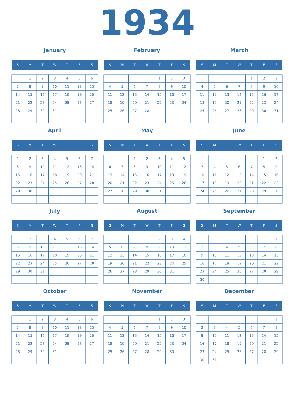 Printable 1934 Year Calendars blue