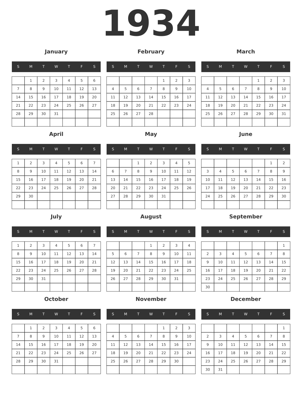 Printable 1934 Year Calendars dark