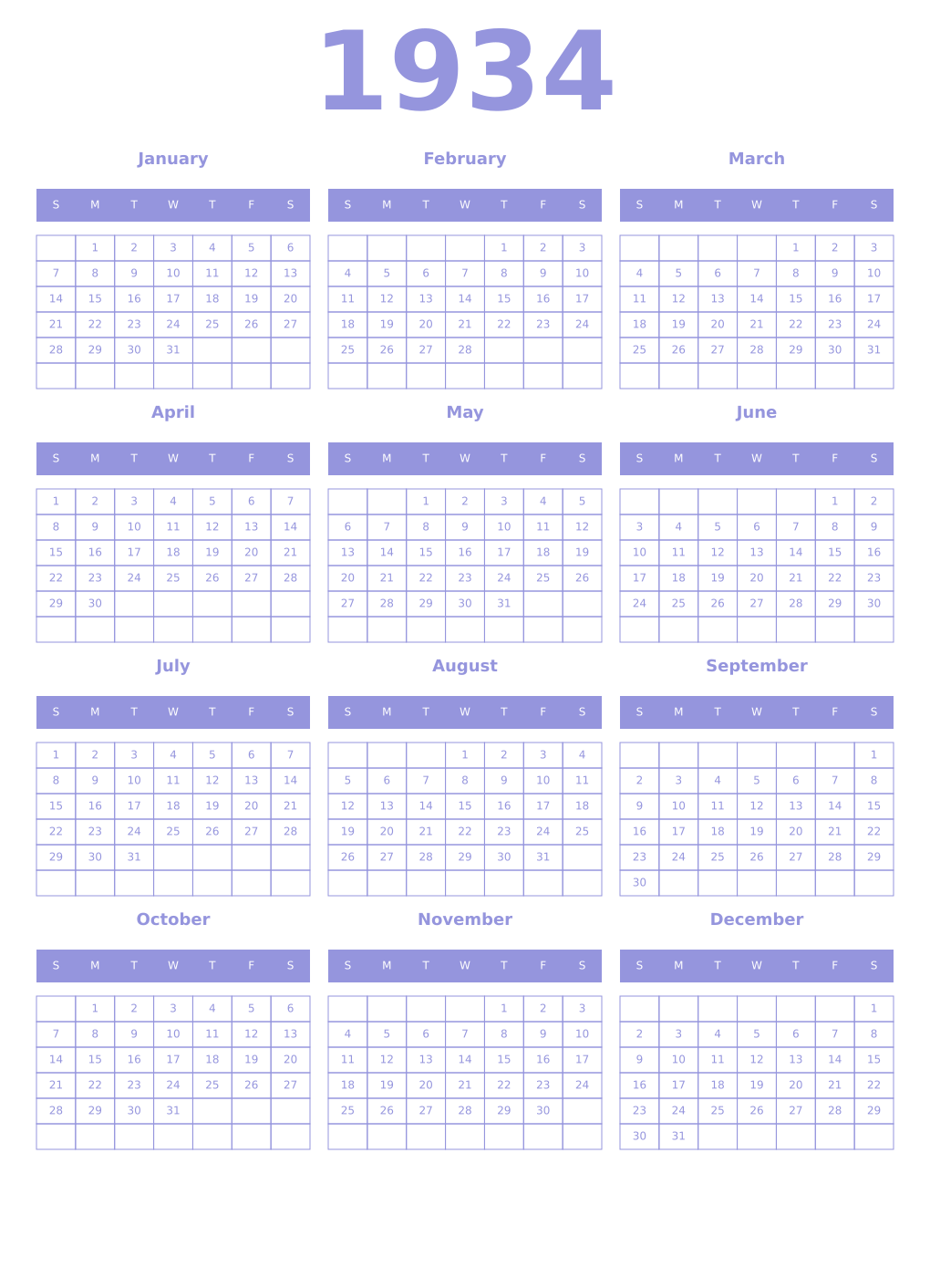 Printable 1934 Year Calendars periwinkle