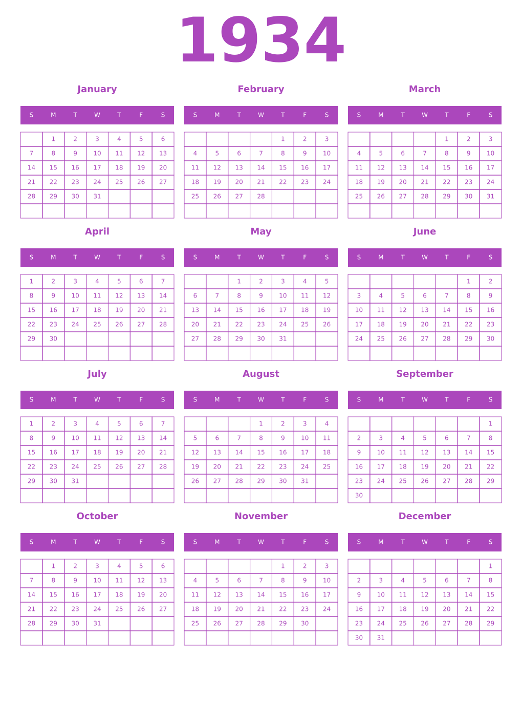 Printable 1934 Year Calendars purple