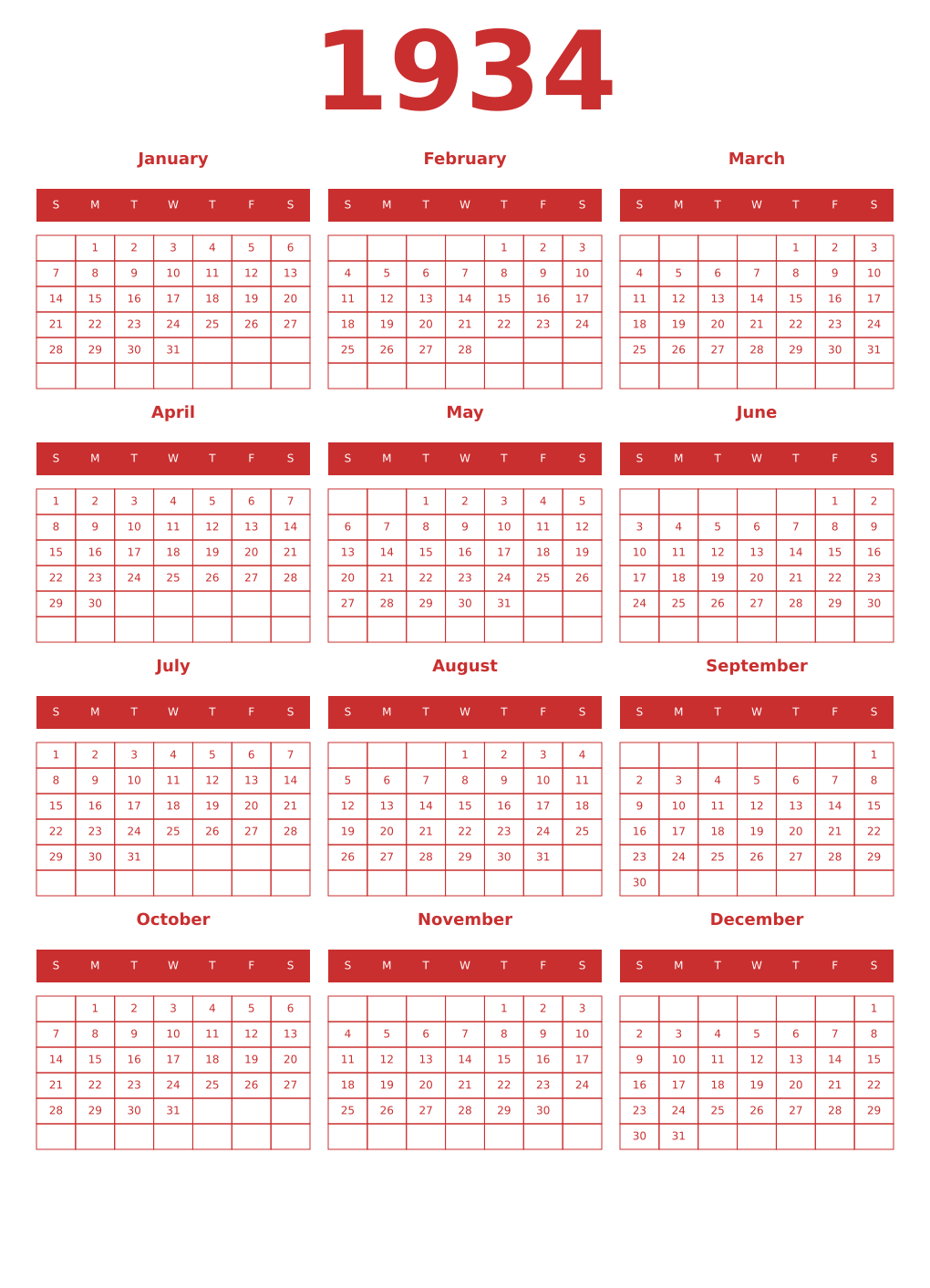 Printable 1934 Year Calendars red