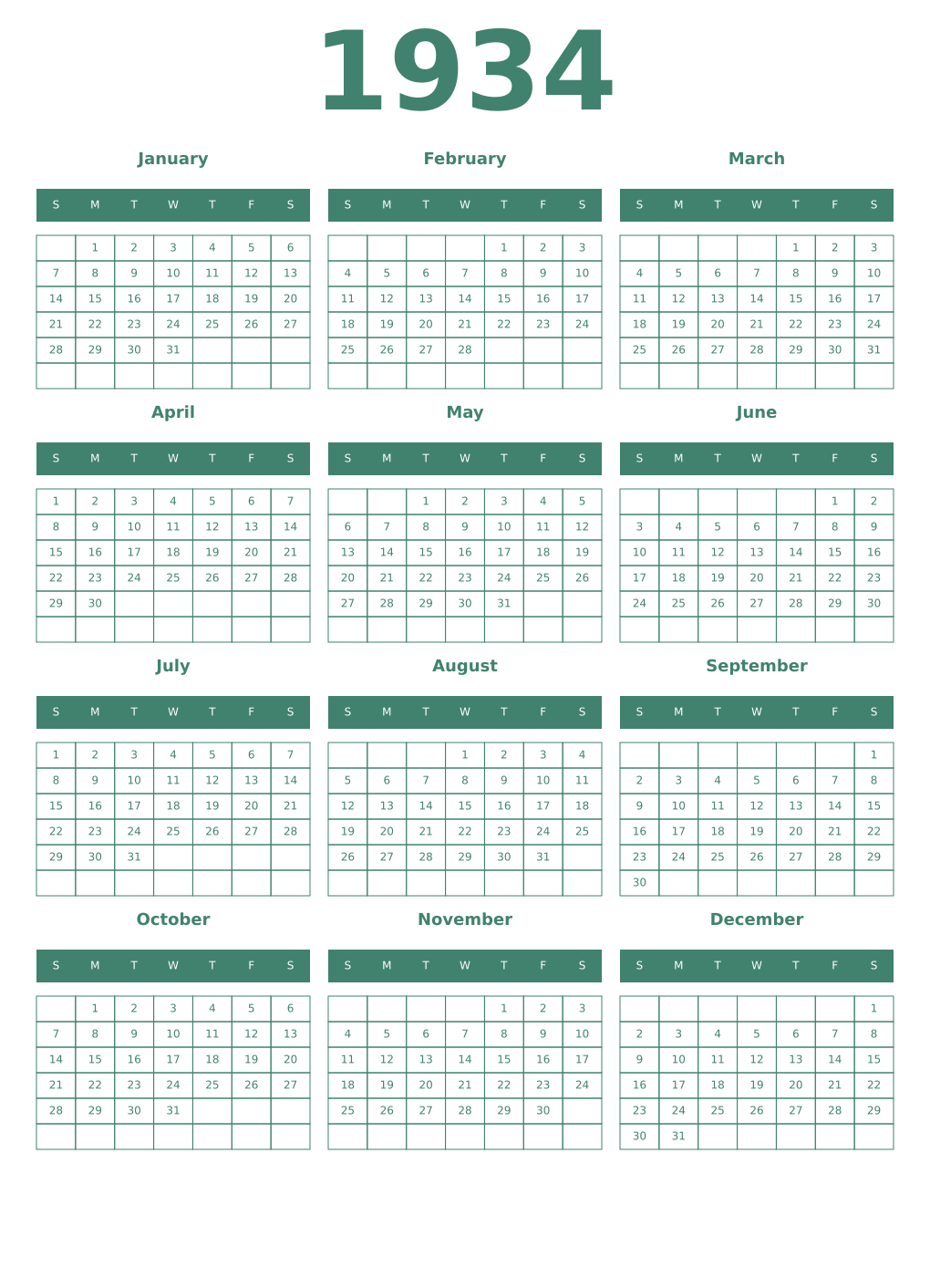 Printable 1934 Year Calendars viridian