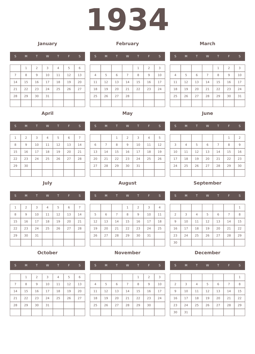 Printable 1934 Year Calendars wenge