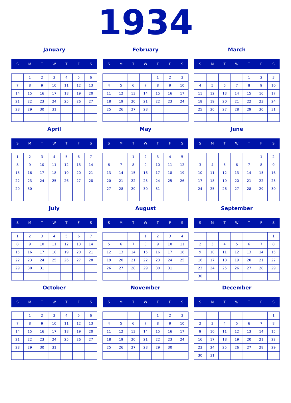 Printable 1934 Year Calendars zaffre