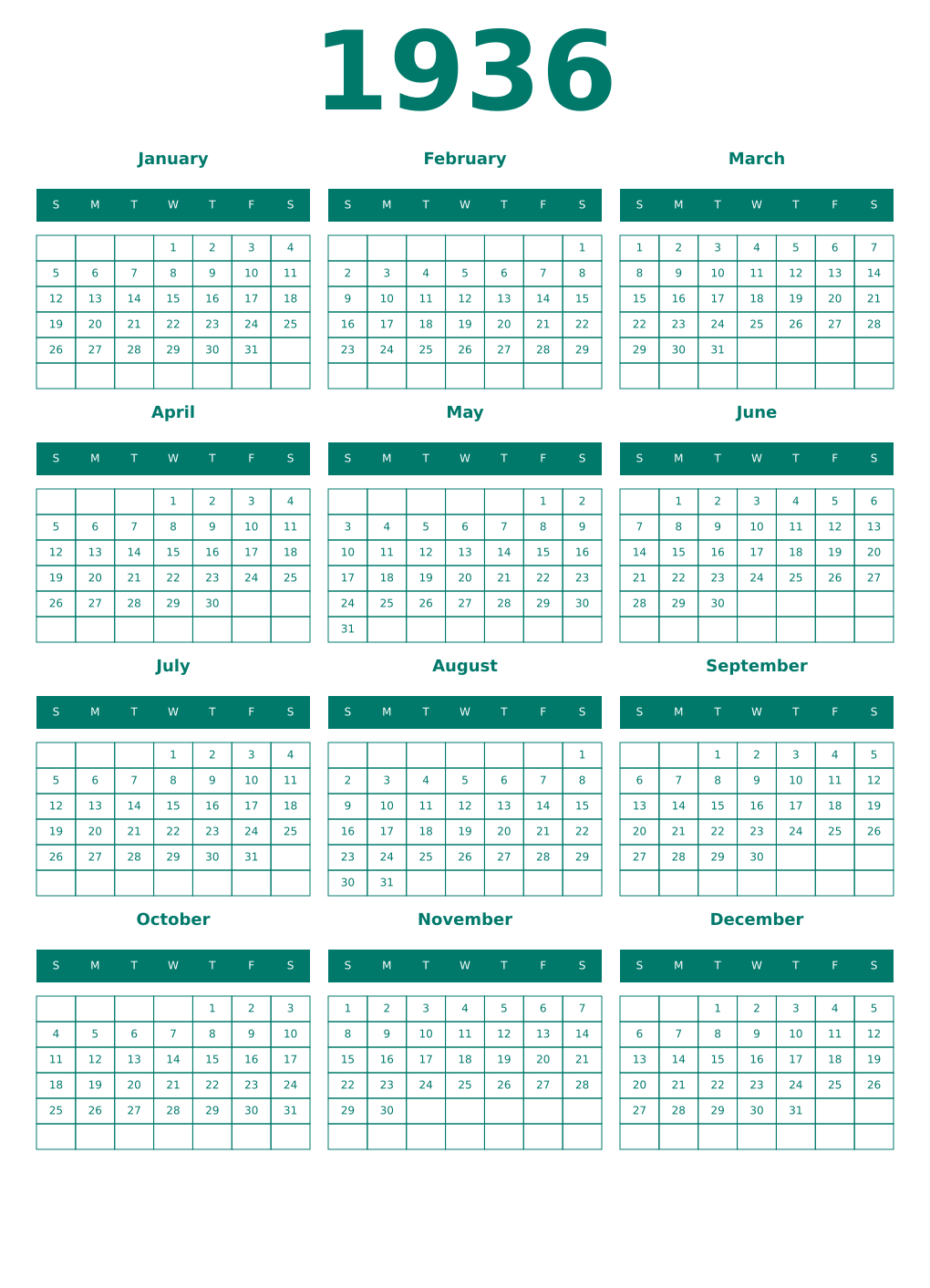Printable 1936 Year Calendars pastel