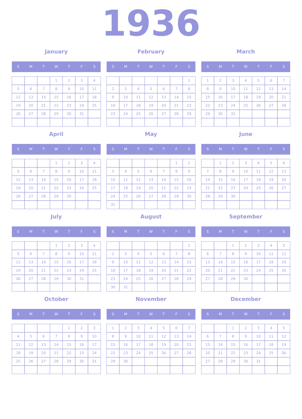 Printable 1936 Year Calendars periwinkle