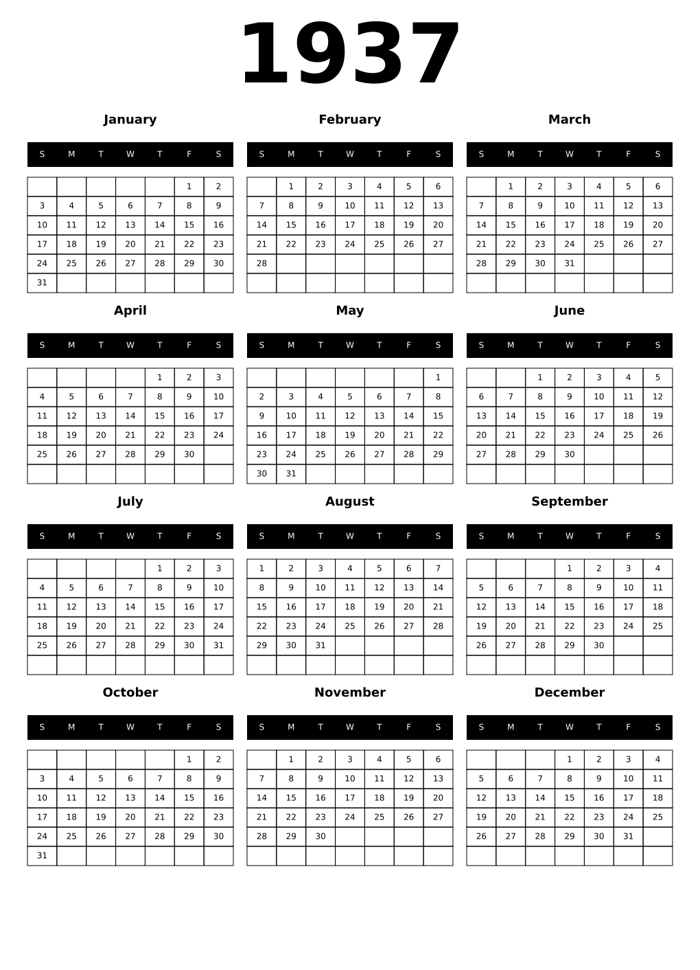 Printable 1937 Calendars