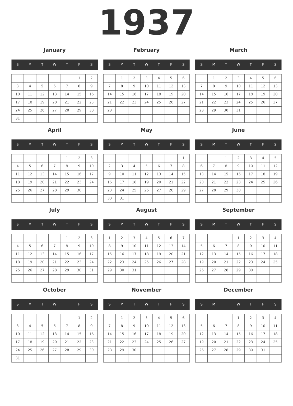 Printable 1937 Year Calendars dark