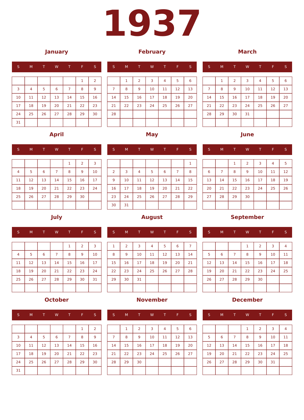 Printable 1937 Year Calendars falu