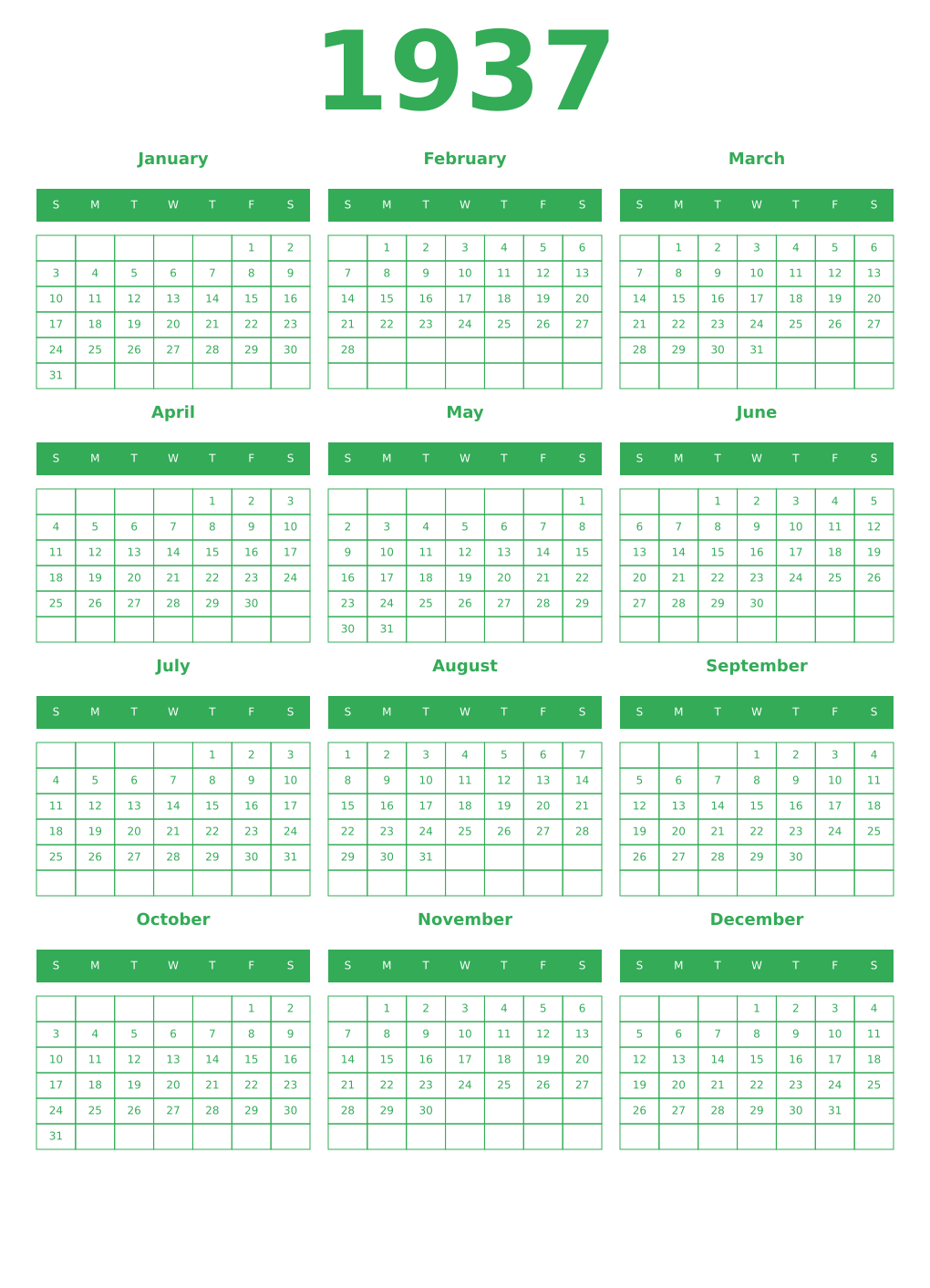 Printable 1937 Year Calendars green