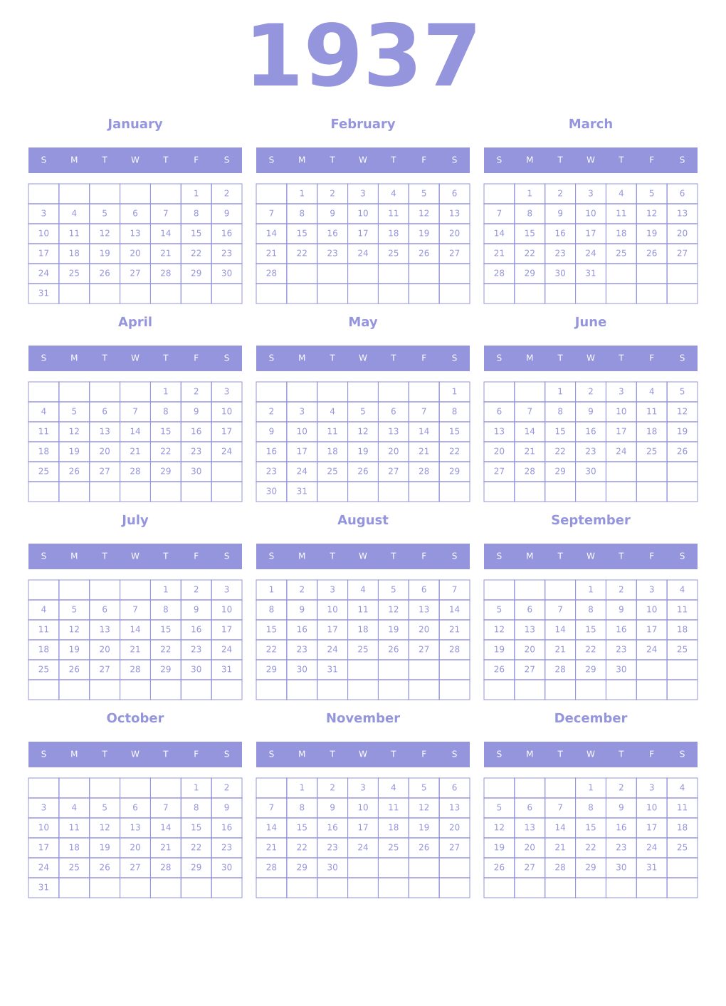 Printable 1937 Year Calendars periwinkle