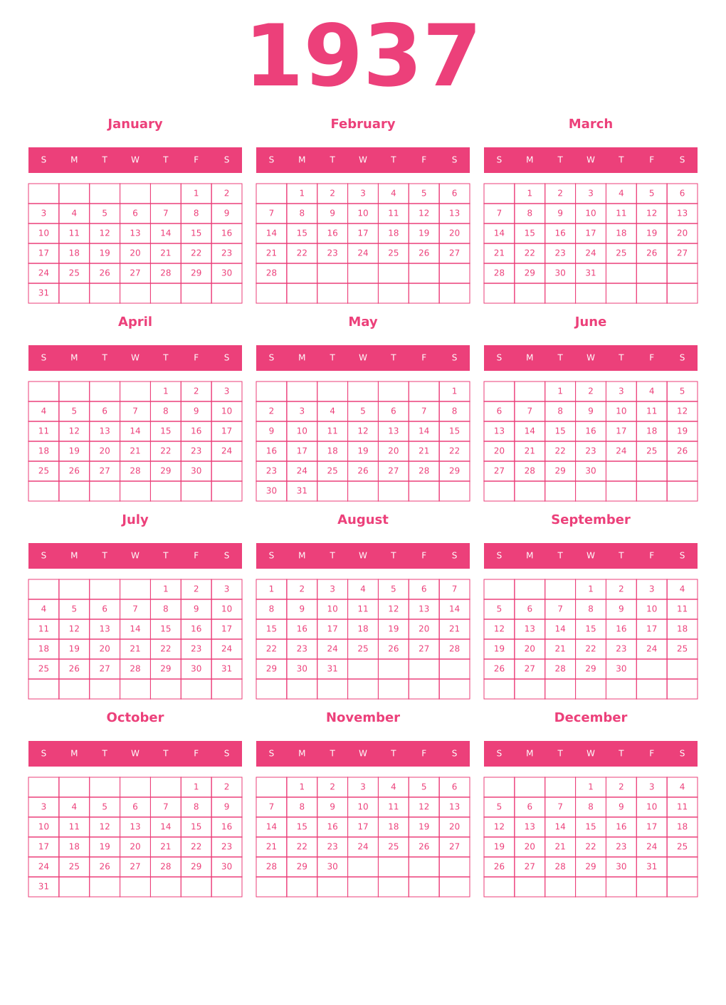Printable 1937 Year Calendars pink