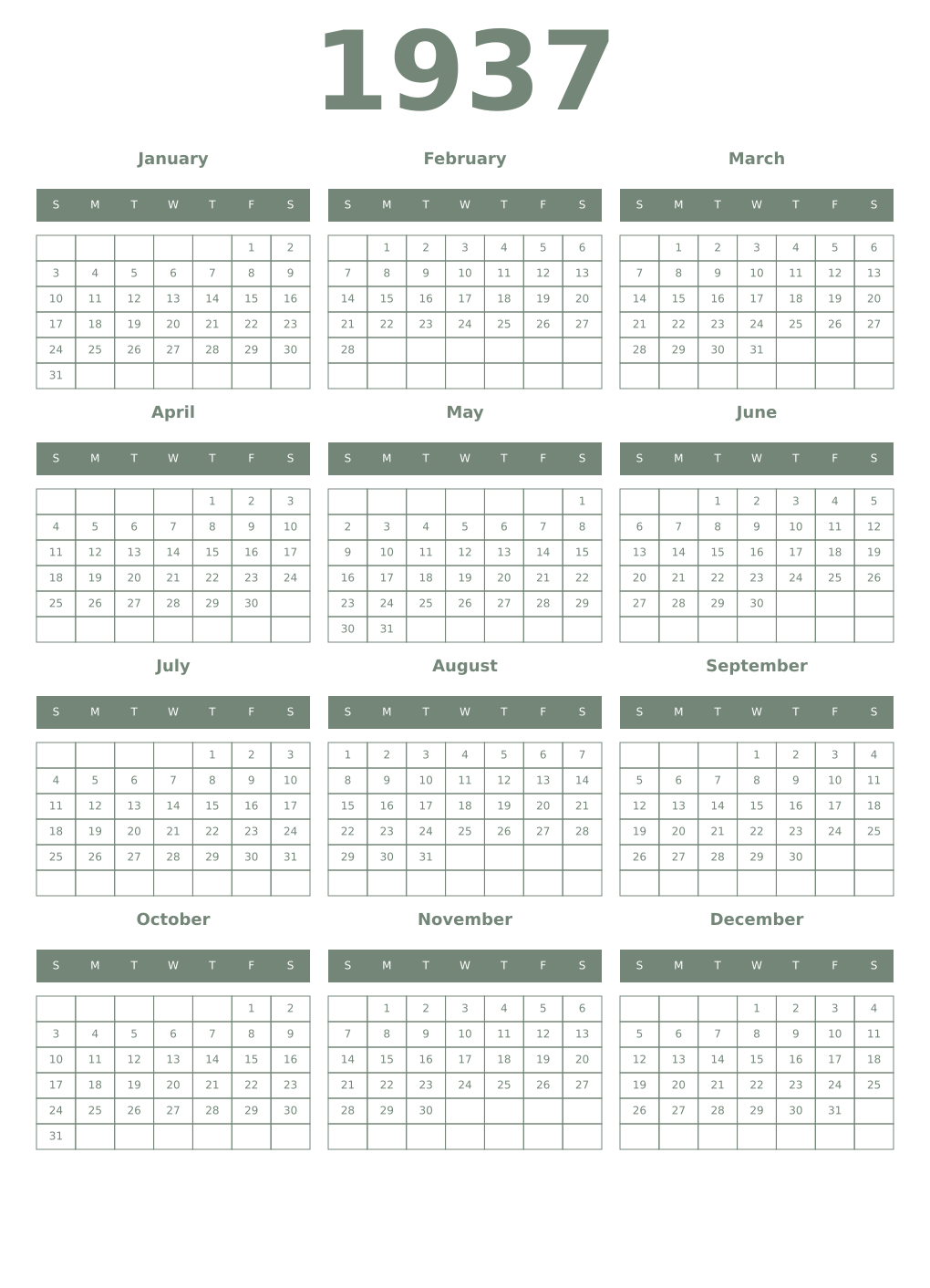 Printable 1937 Year Calendars xanadu