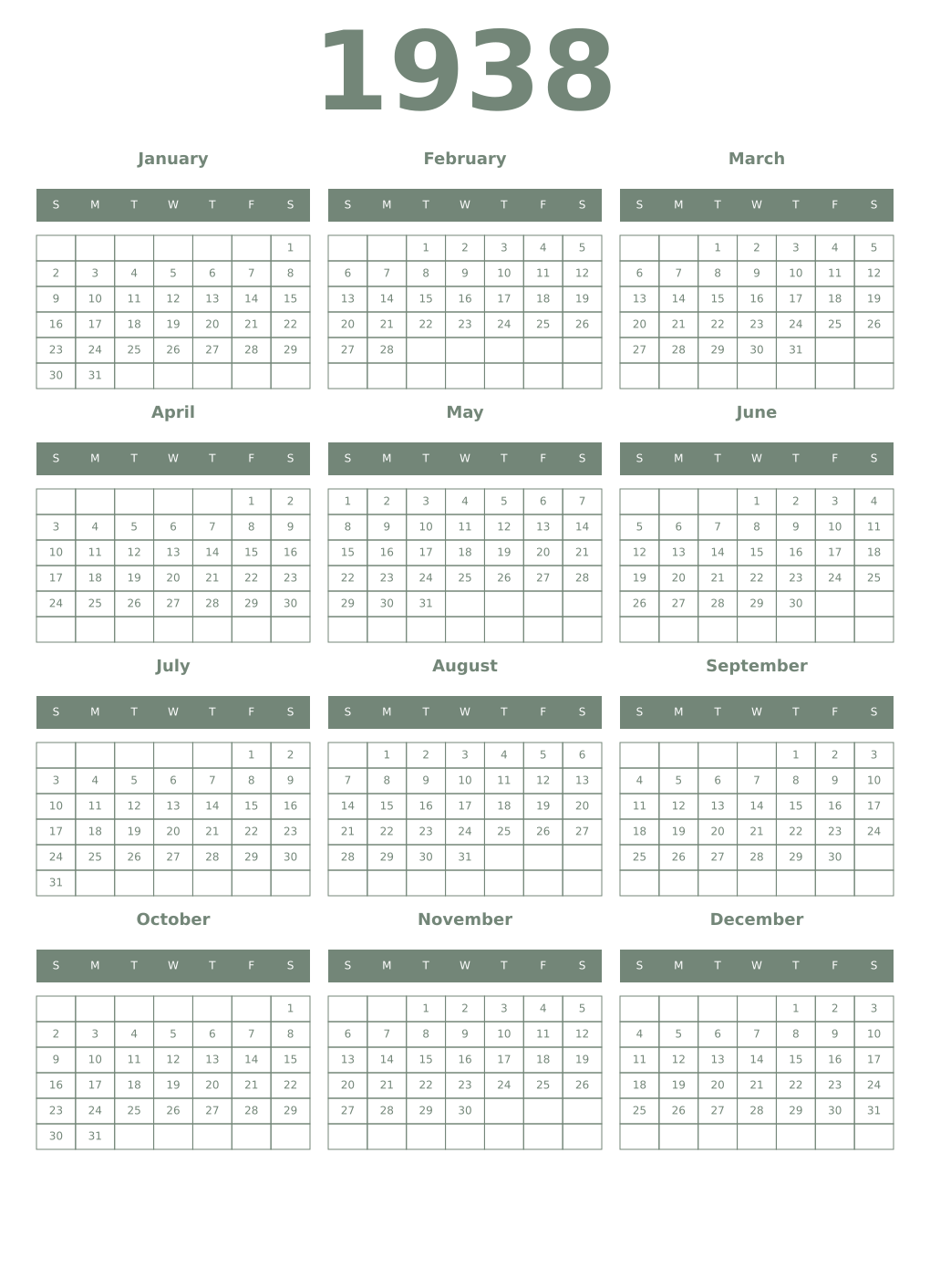 Printable 1938 Year Calendars xanadu