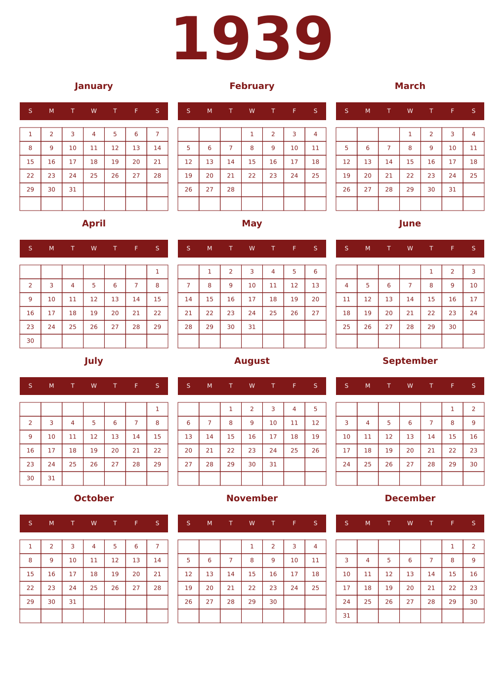Printable 1939 Year Calendars falu