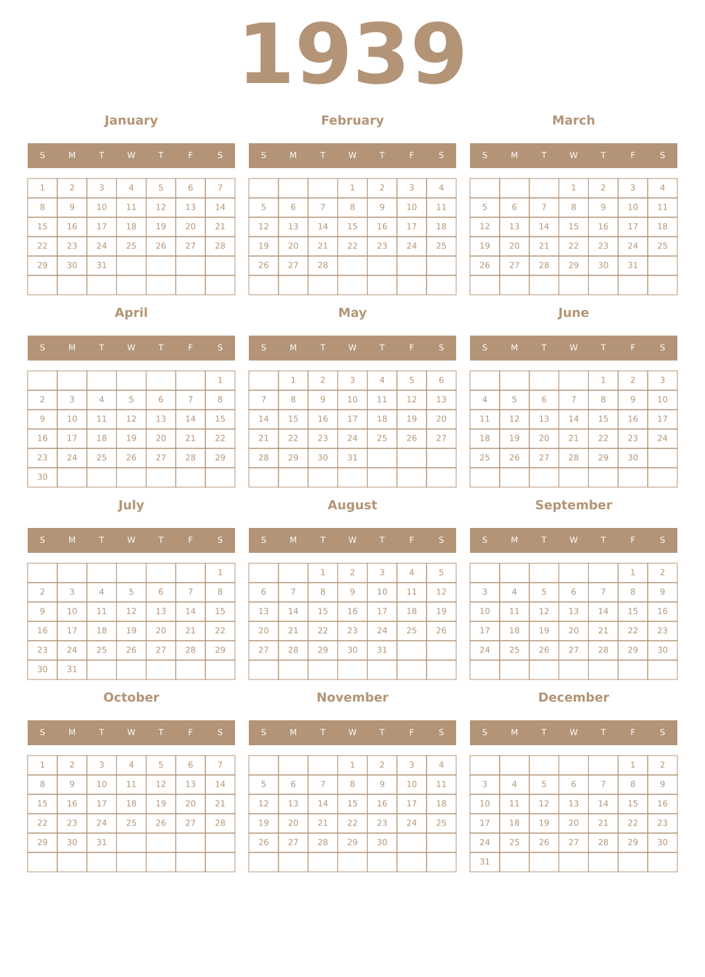 Printable 1939 Year Calendars isabelline