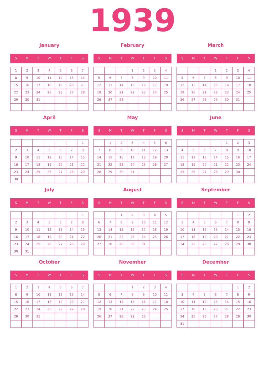 Printable 1939 Year Calendars pink
