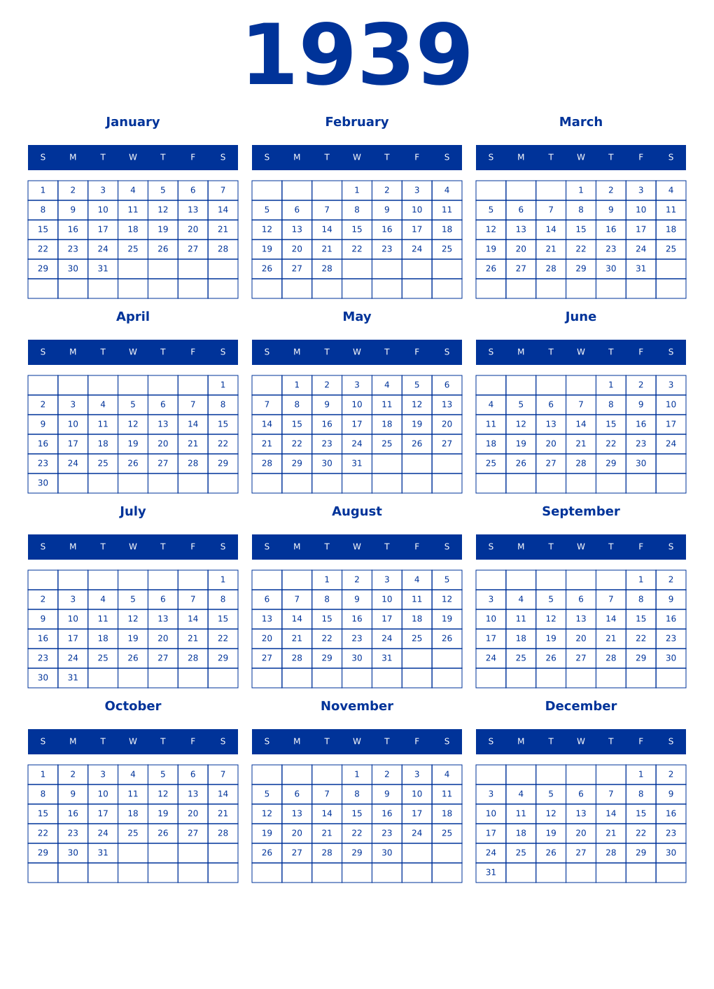 Printable 1939 Year Calendars smalt