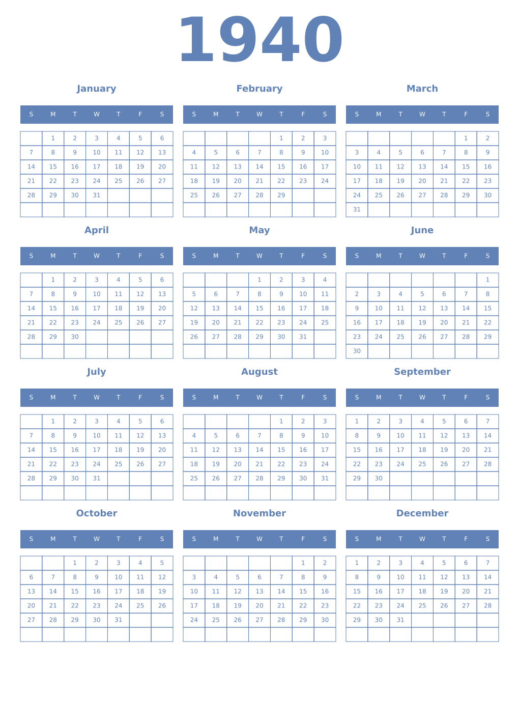 Printable 1940 Year Calendars glaucous