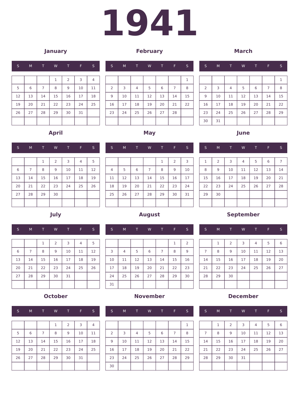 Printable 1941 Year Calendars aubergine