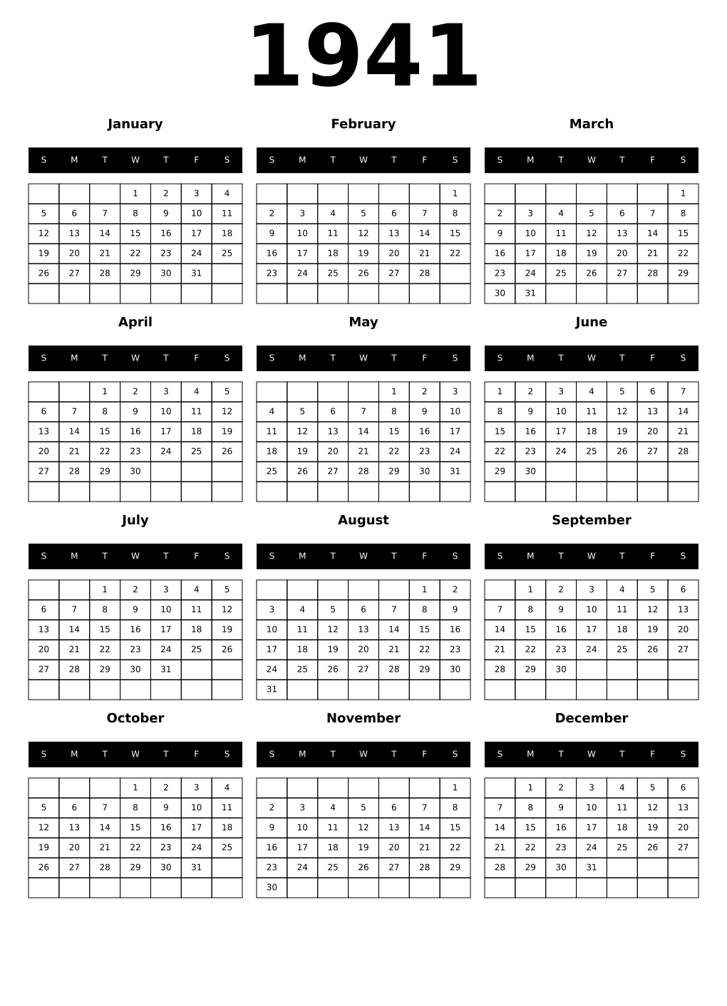 Printable 1941 Year Calendars black