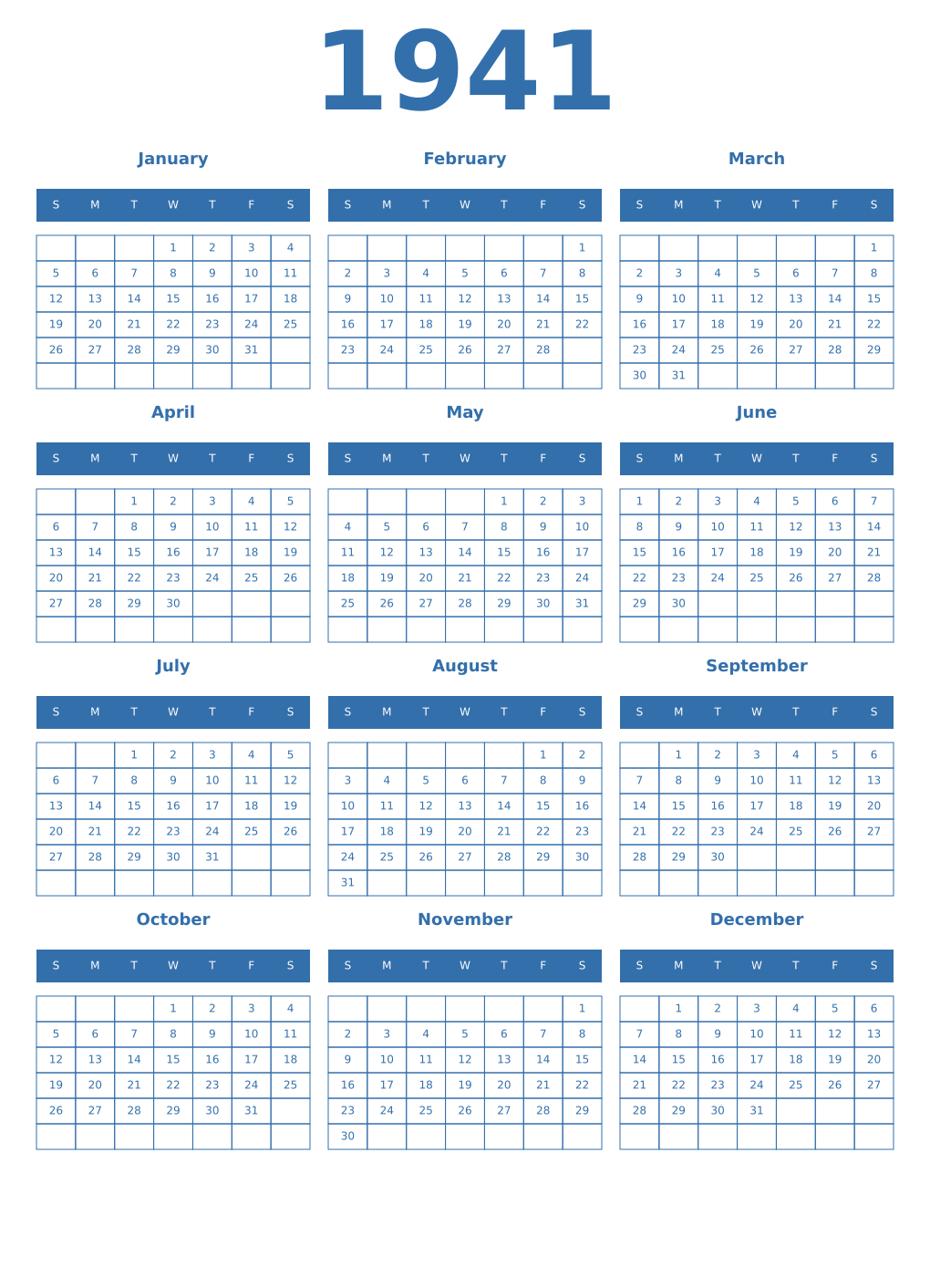 Printable 1941 Year Calendars blue