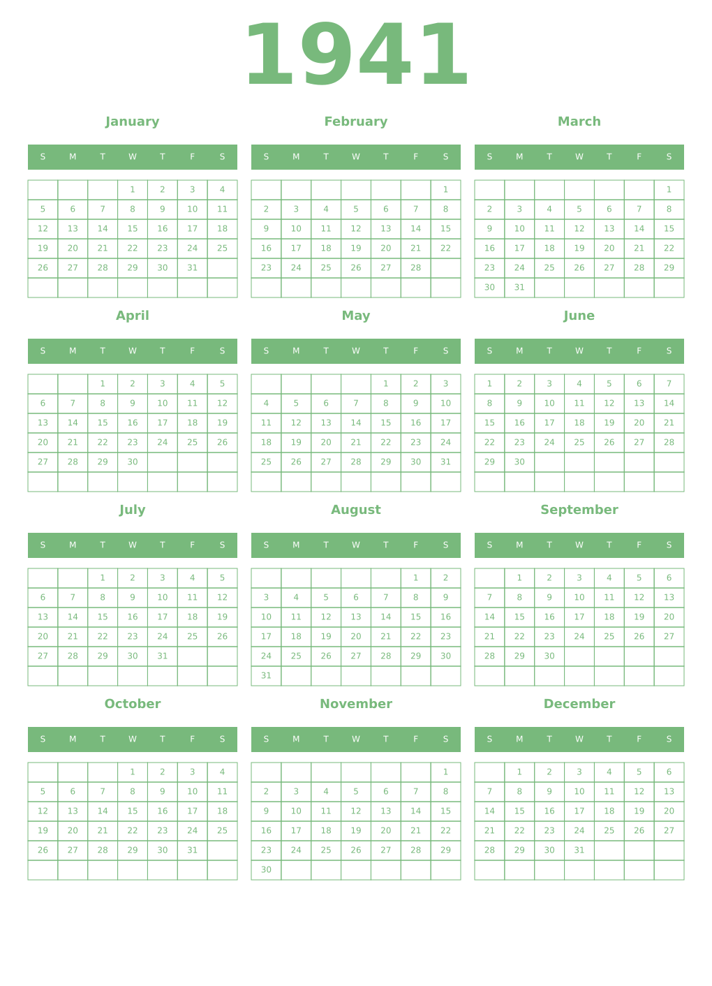 Printable 1941 Year Calendars celadon
