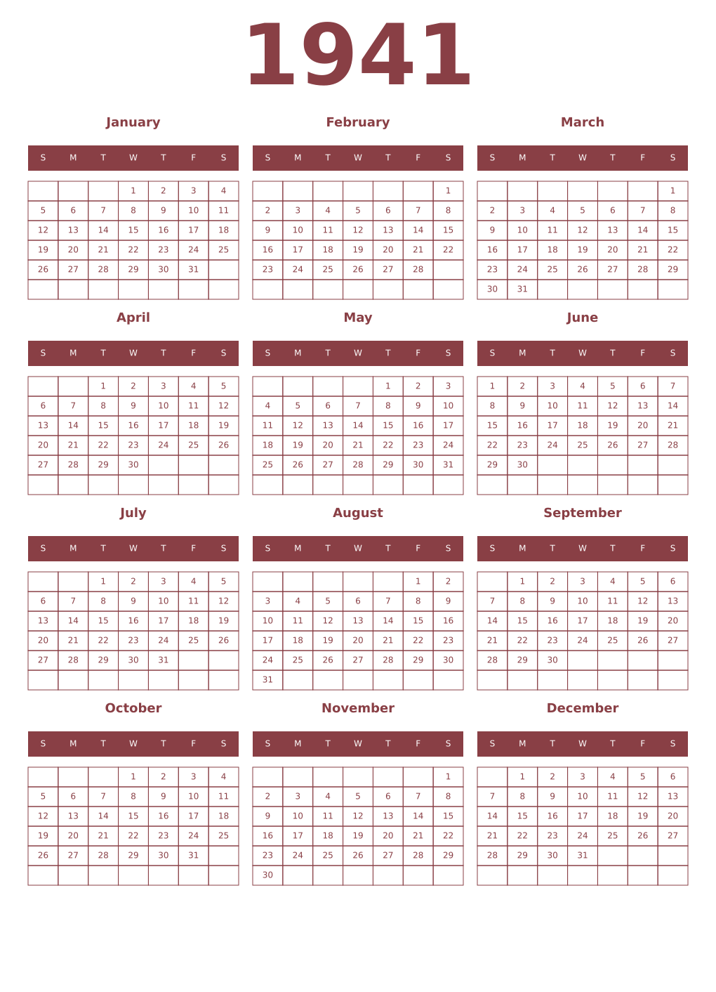 Printable 1941 Year Calendars cordovan