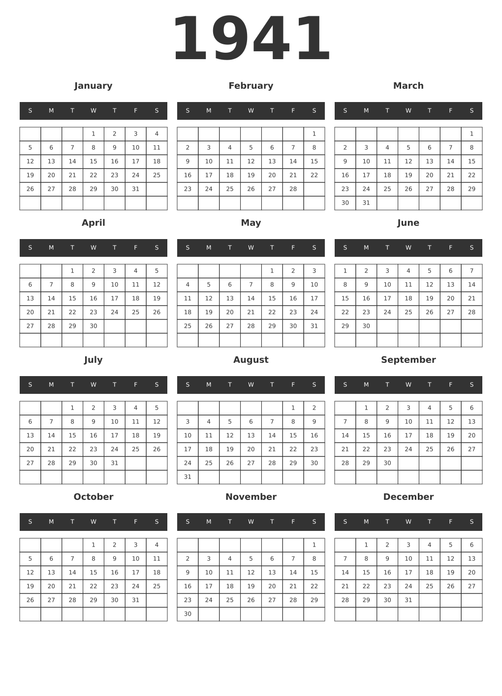 Printable 1941 Year Calendars dark