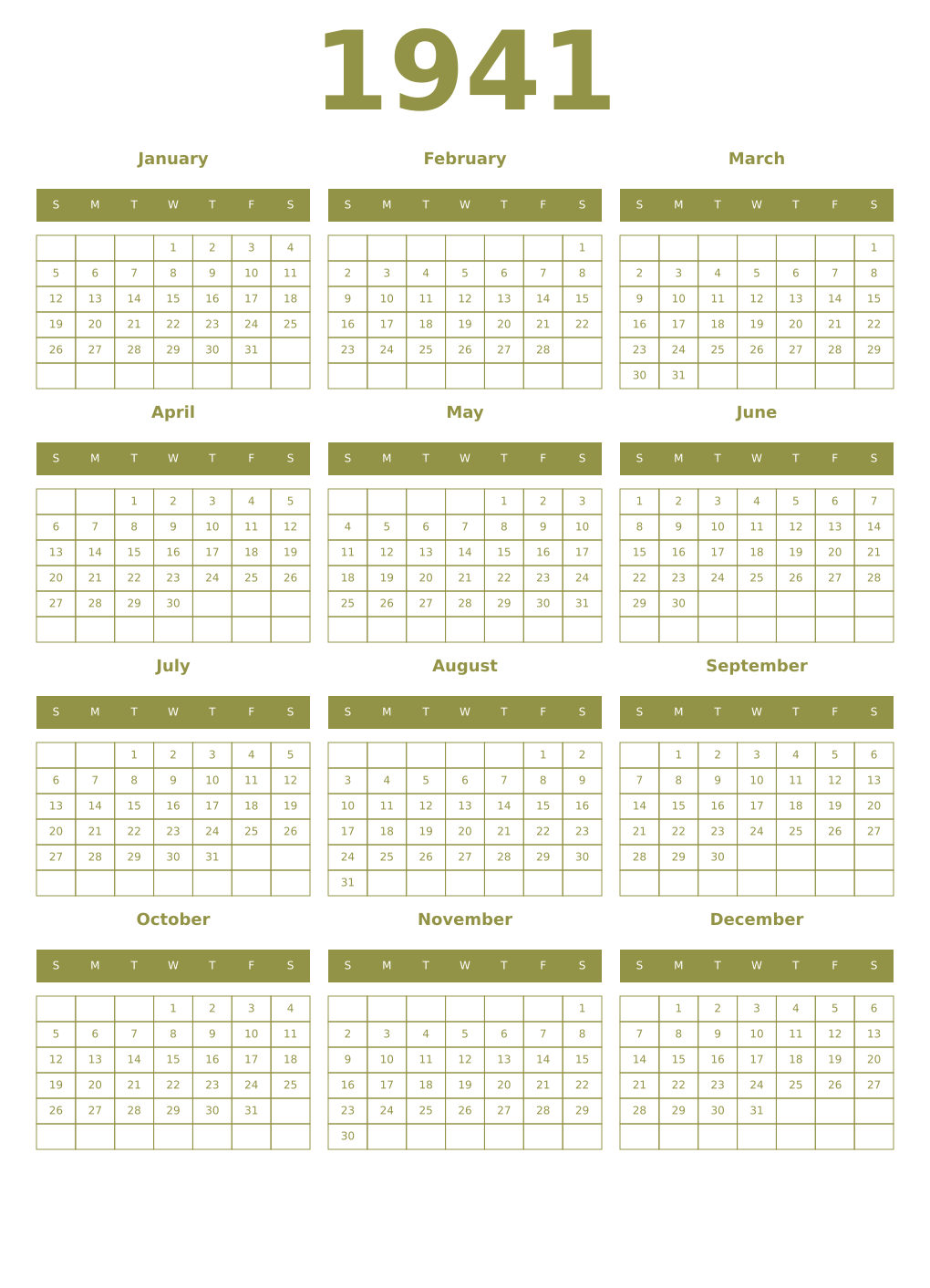 Printable 1941 Year Calendars eburnean