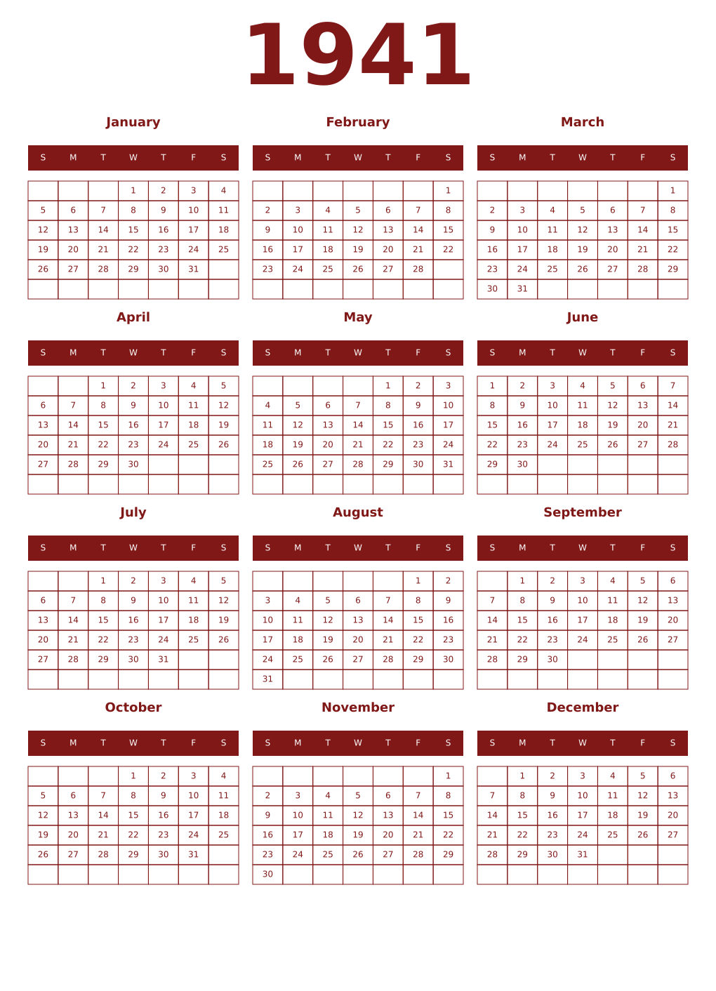 Printable 1941 Year Calendars falu