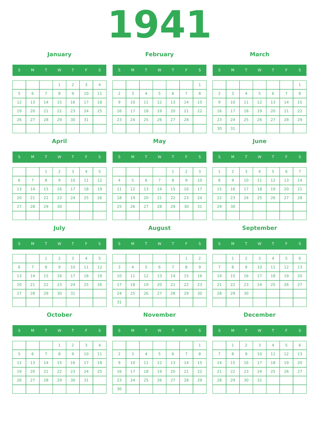 Printable 1941 Year Calendars green