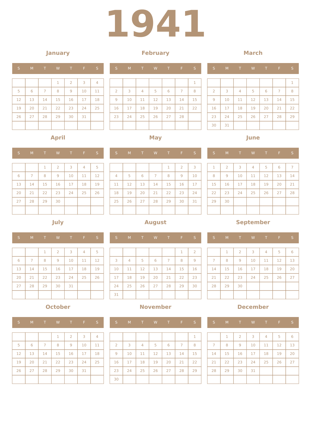 Printable 1941 Year Calendars isabelline