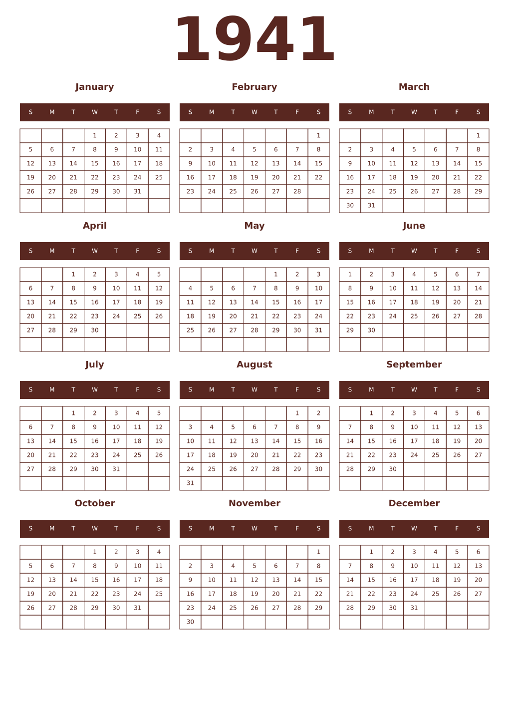 Printable 1941 Year Calendars mortuum