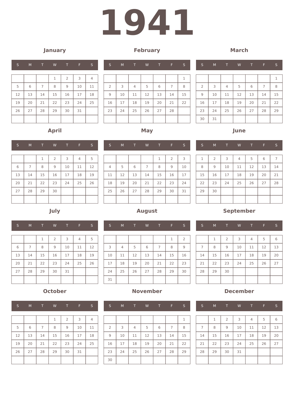 Printable 1941 Year Calendars wenge