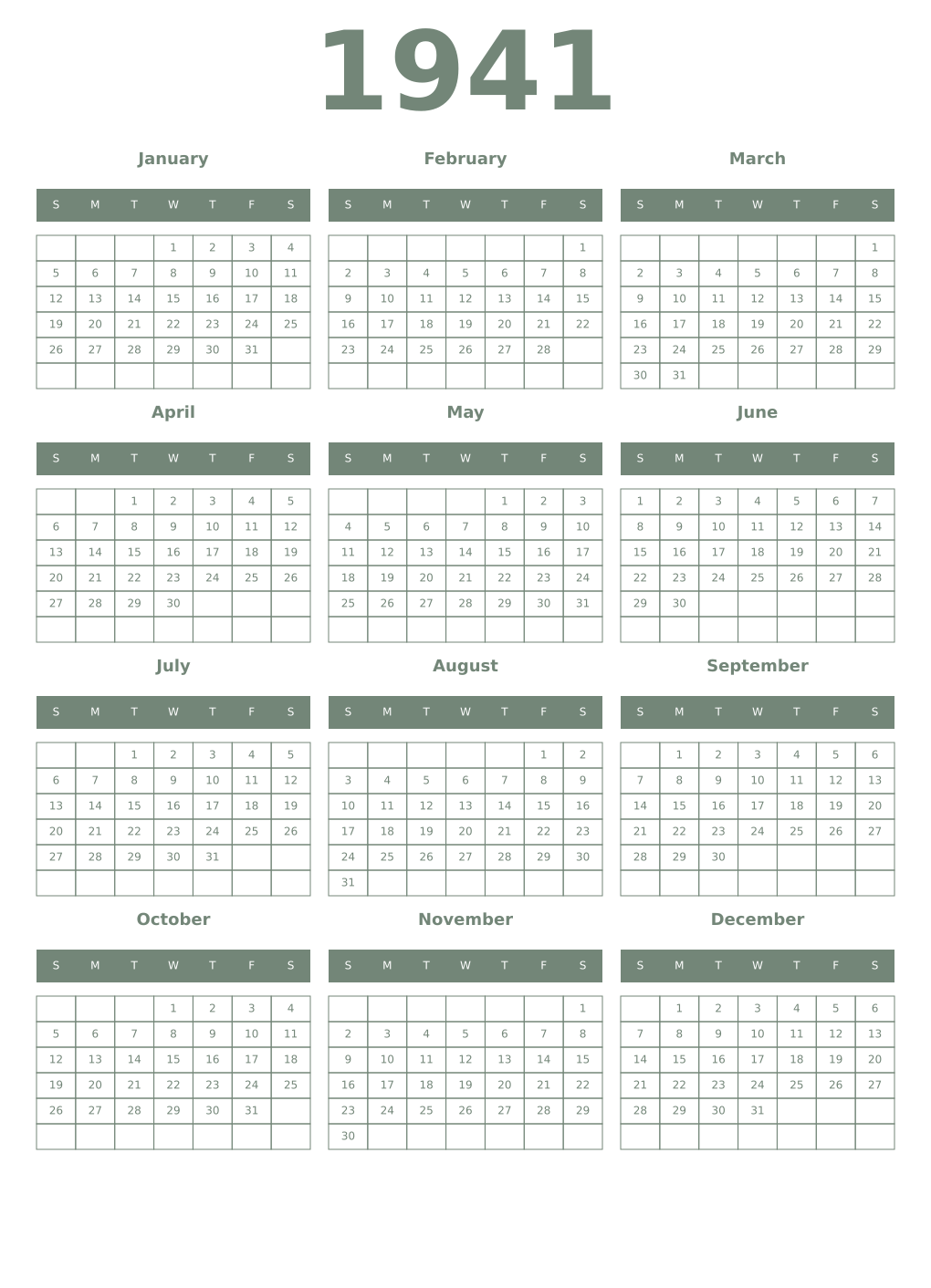 Printable 1941 Year Calendars xanadu