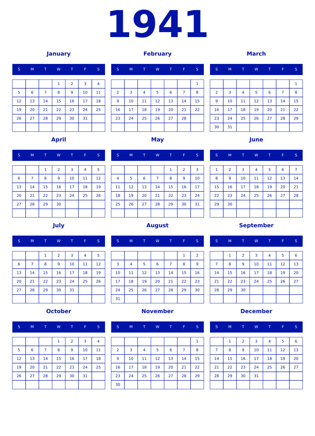Printable 1941 Year Calendars zaffre