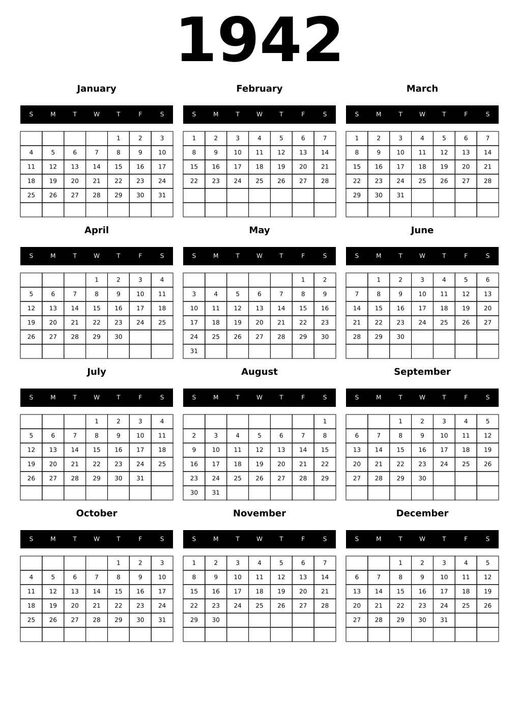 Printable 1942 Calendars