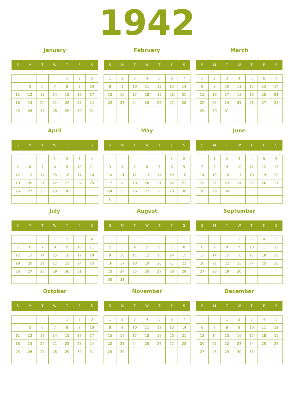 Printable 1942 Year Calendars chartreuse