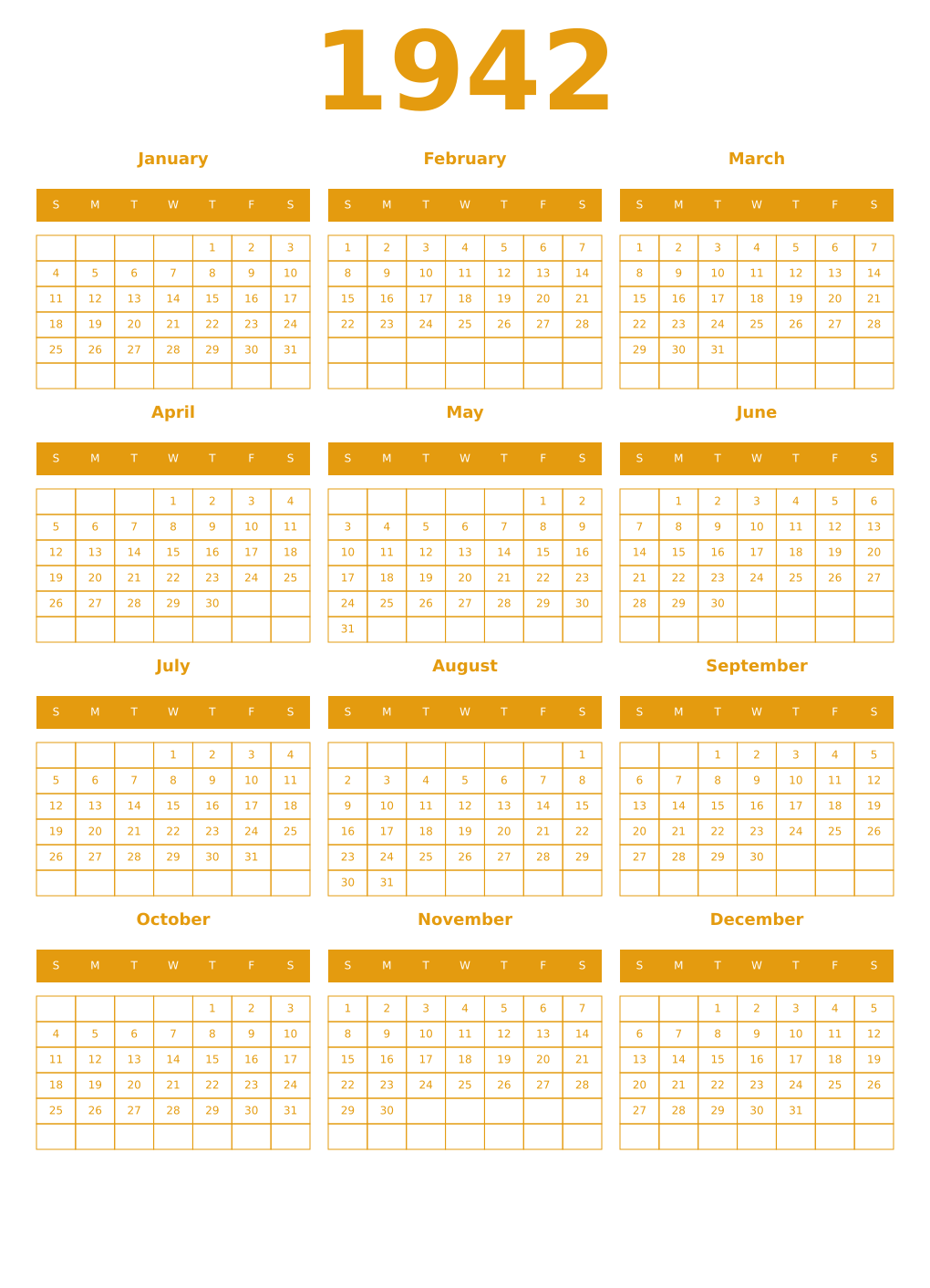 Printable 1942 Year Calendars gamboge