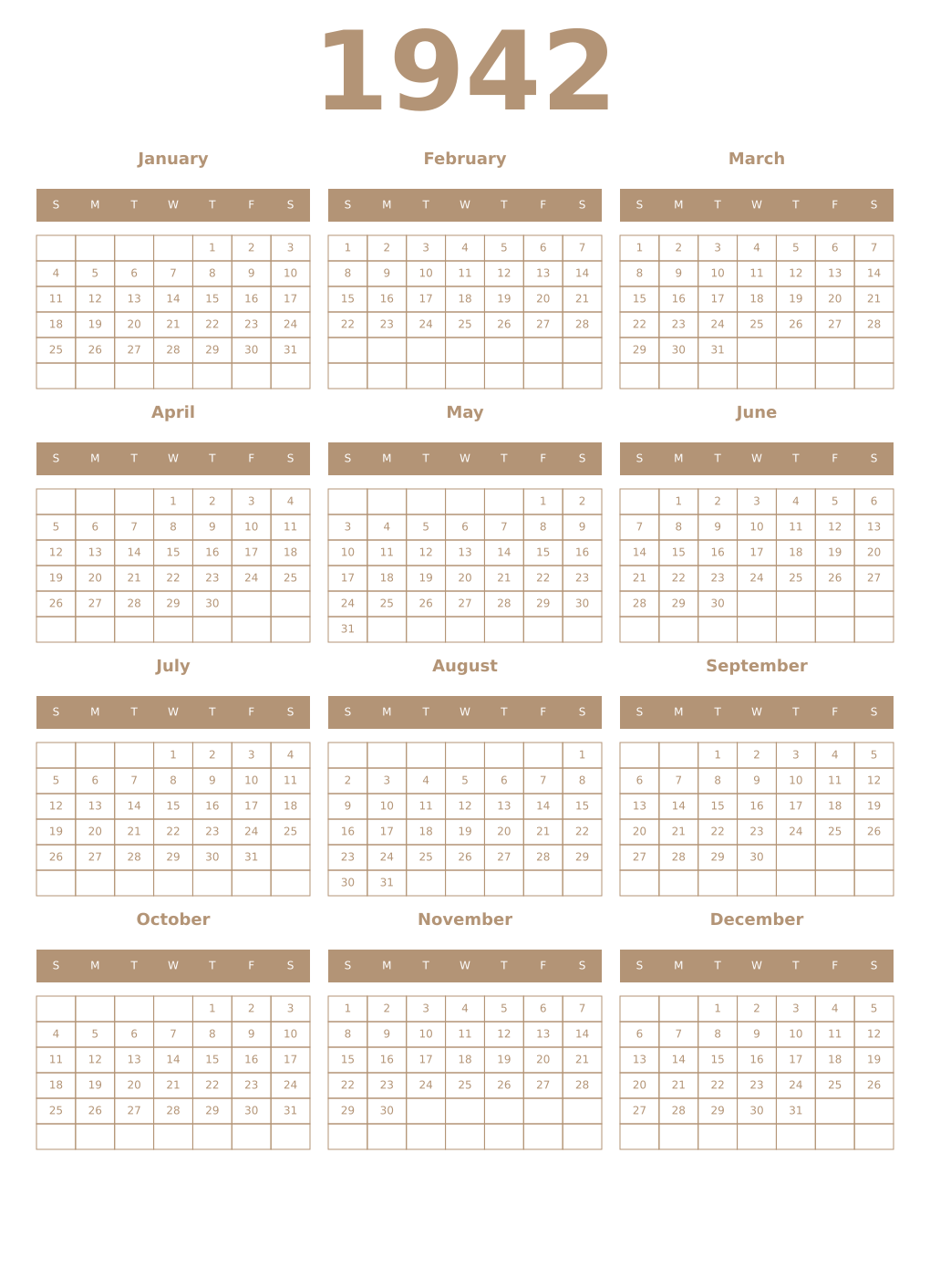 Printable 1942 Year Calendars isabelline