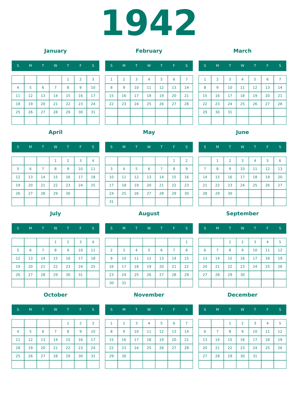 Printable 1942 Year Calendars pastel