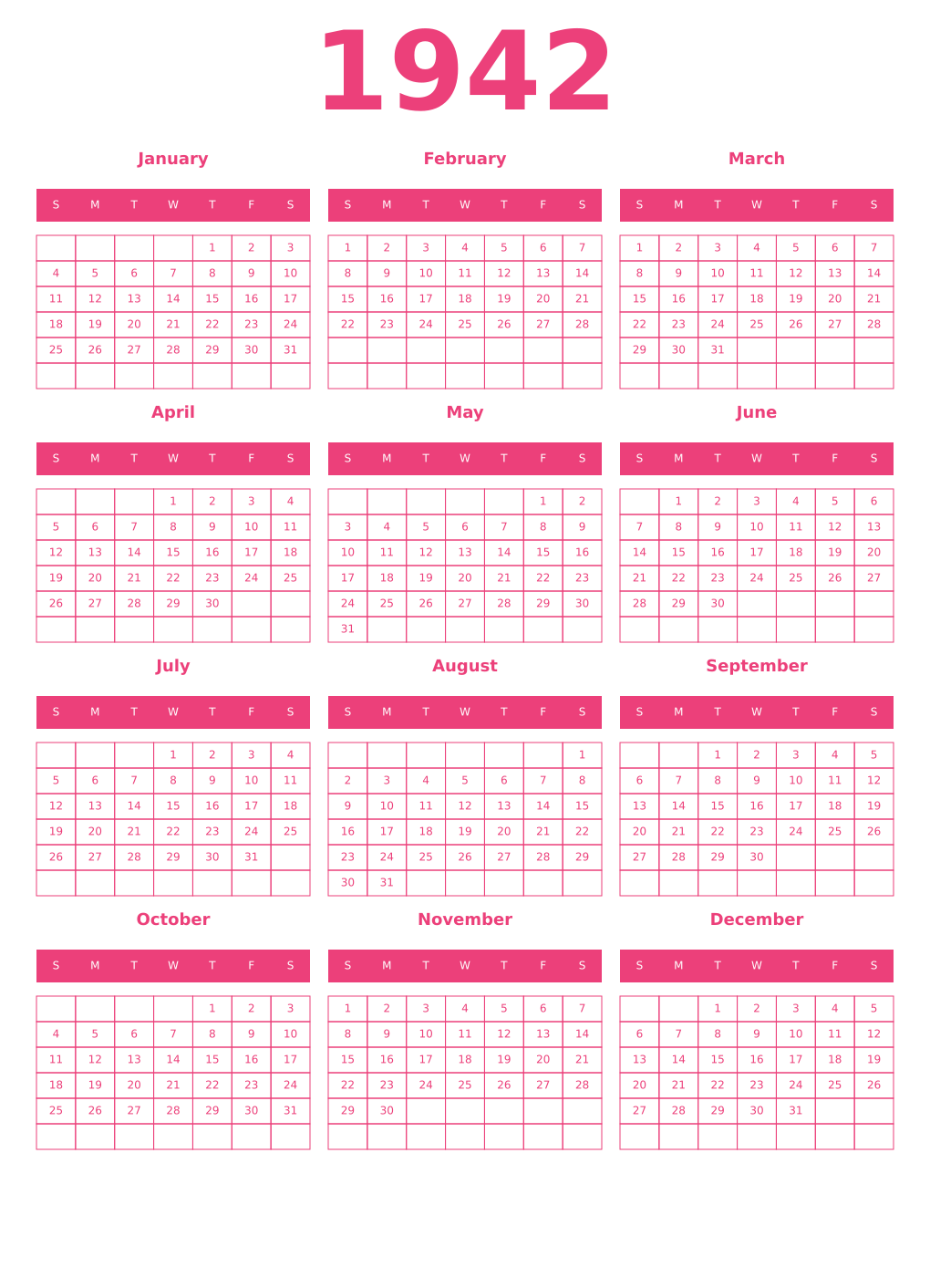 Printable 1942 Year Calendars pink