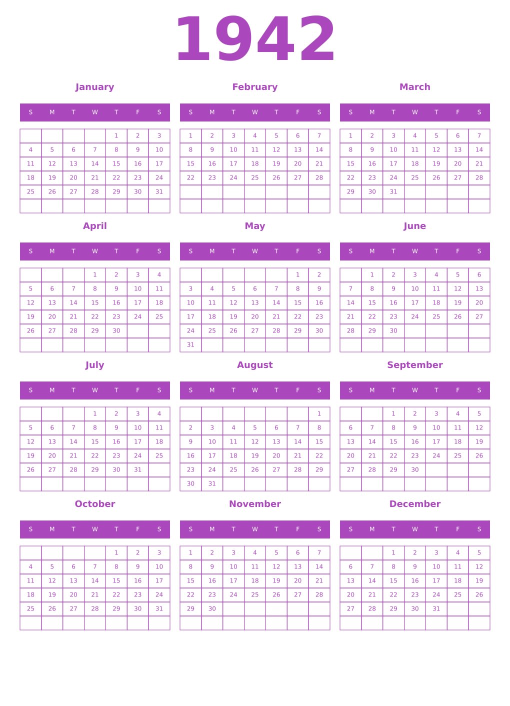 Printable 1942 Year Calendars purple