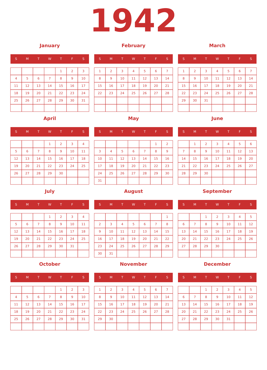 Printable 1942 Year Calendars red