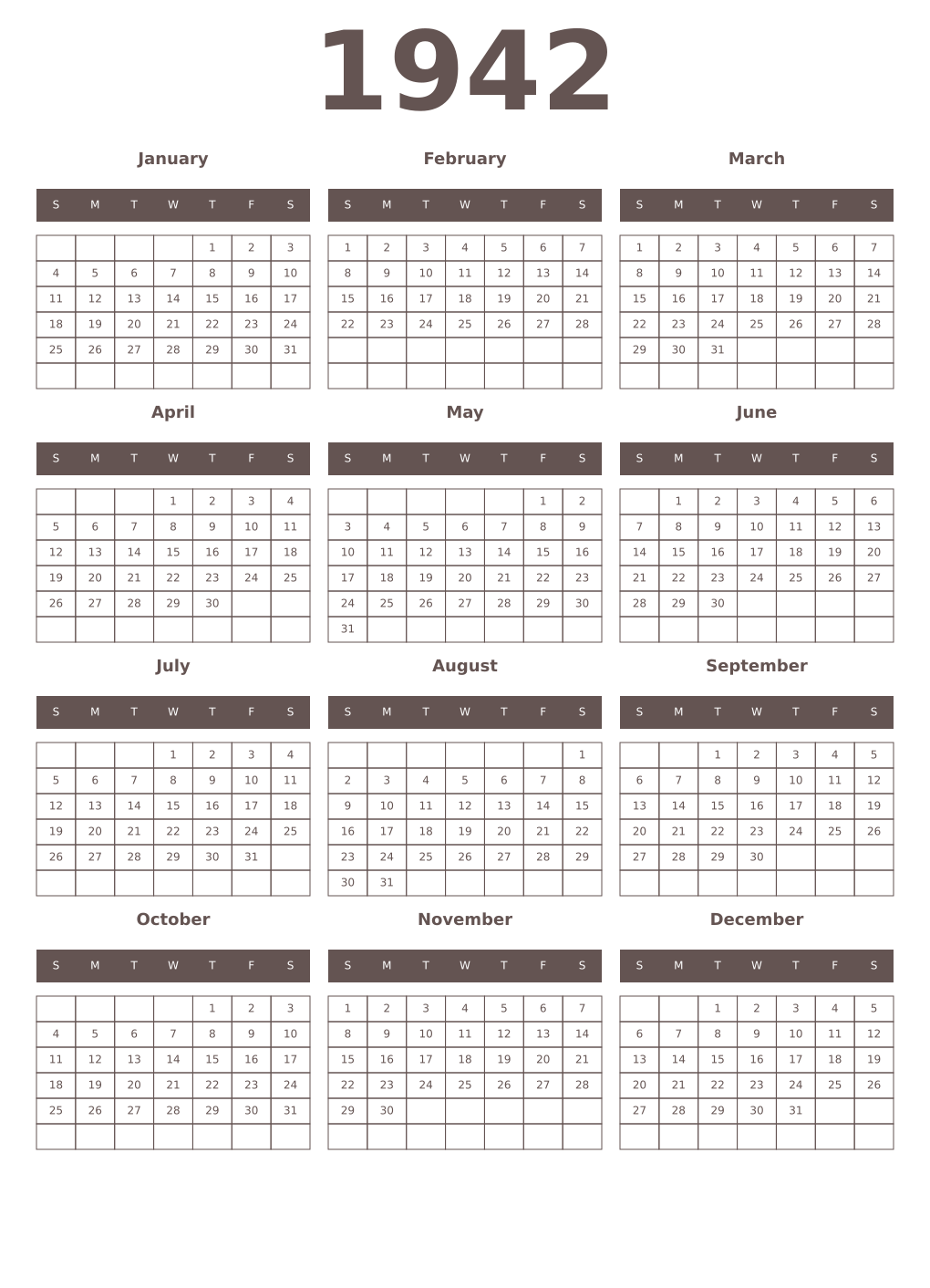 Printable 1942 Year Calendars wenge