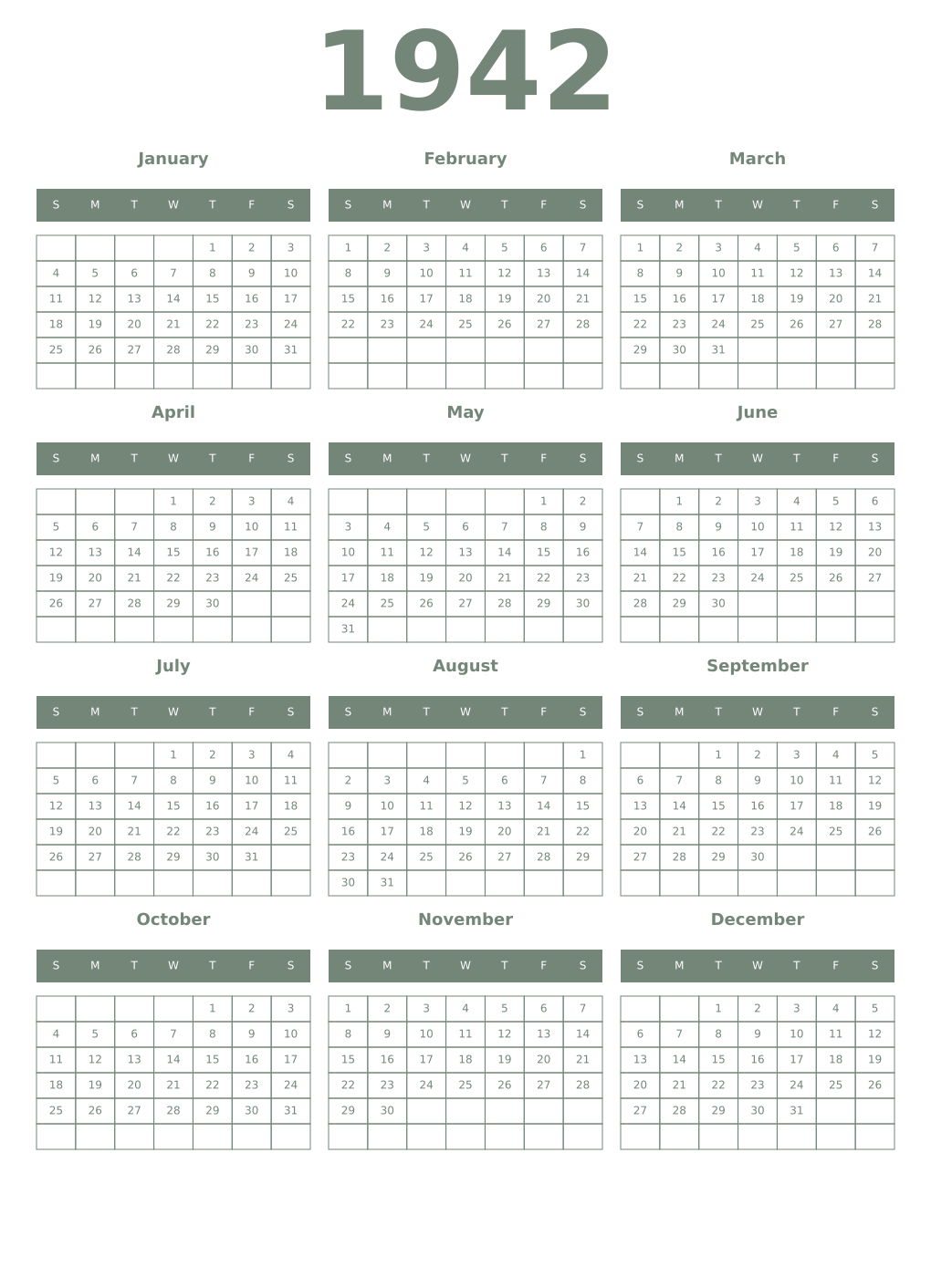Printable 1942 Year Calendars xanadu
