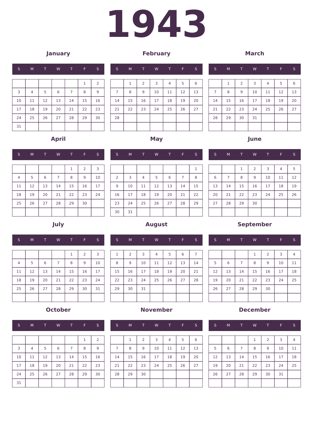 Printable 1943 Year Calendars aubergine